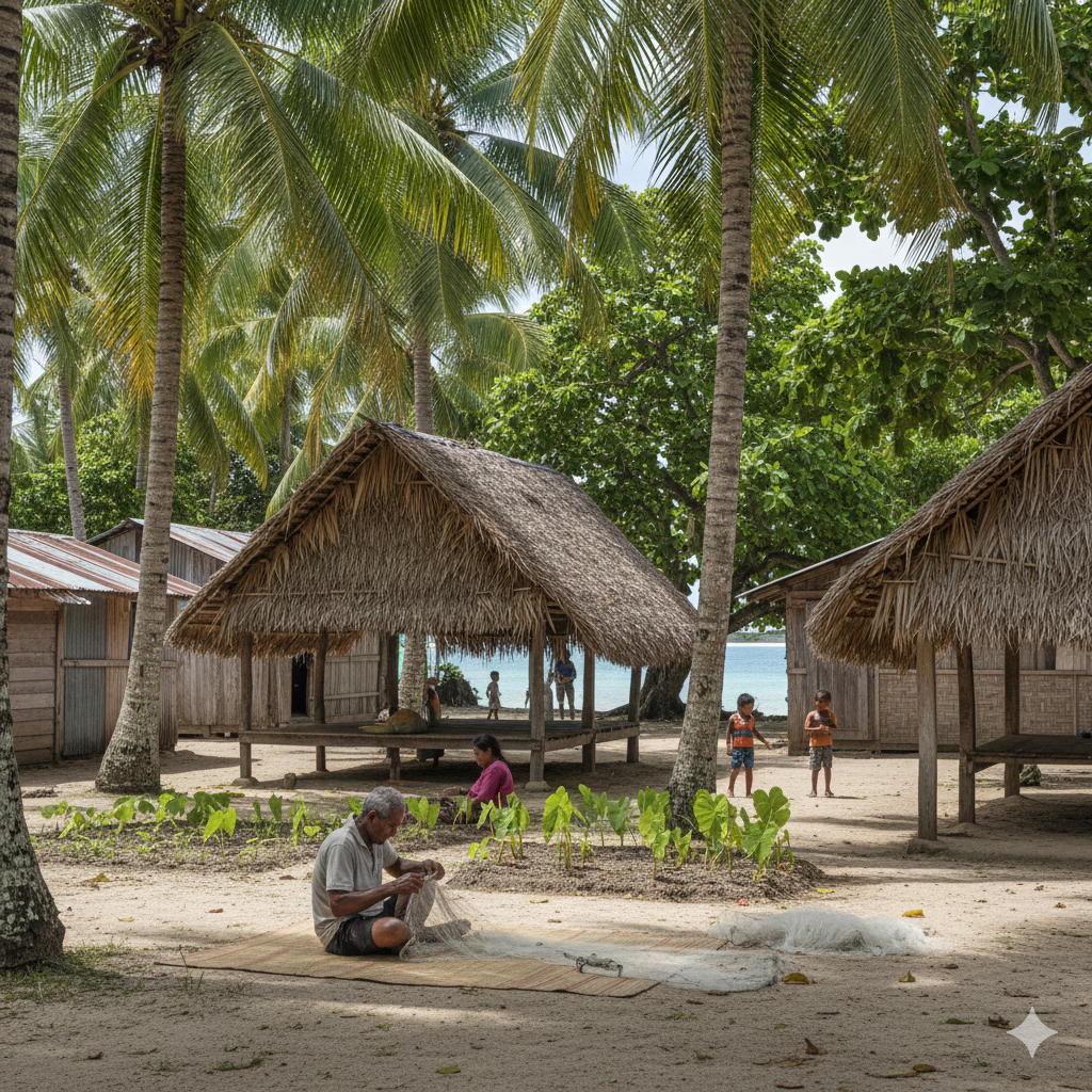 Main village on Savave islet with houses and a man working on a fishing net.