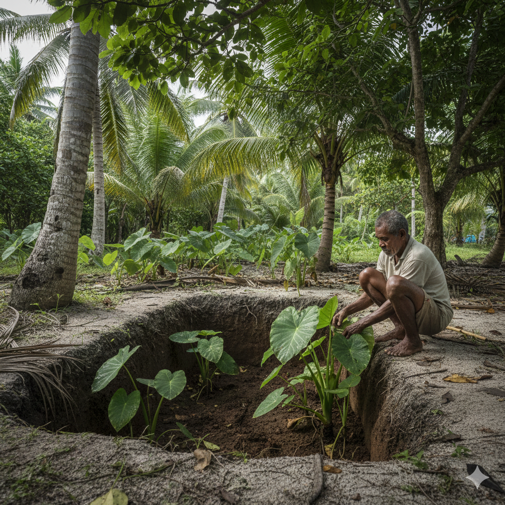 A man tending to pulaka plants in an excavated pit.