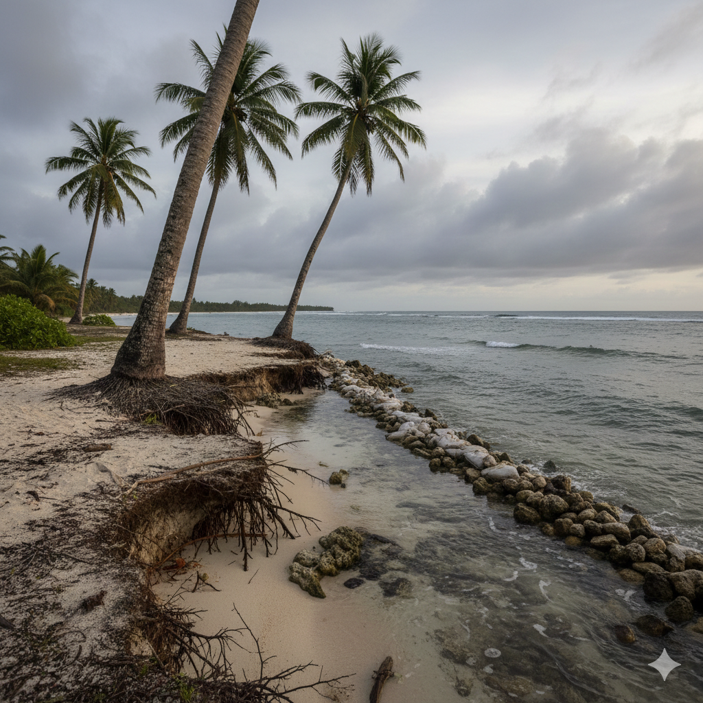 Coastal erosion with exposed roots and a rock seawall under a stormy sky.
