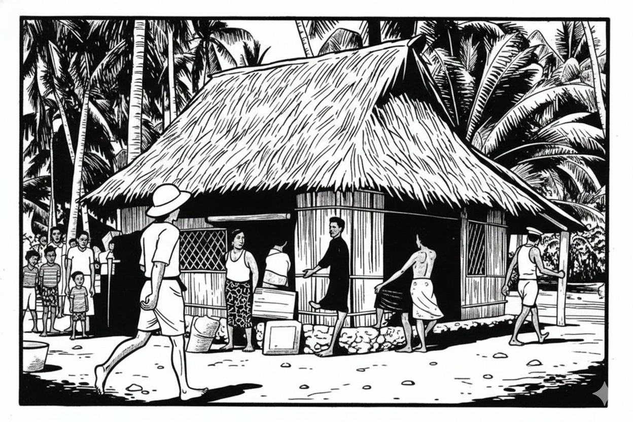 Illustration of US servicemen and islanders around a traditional house during WWII.